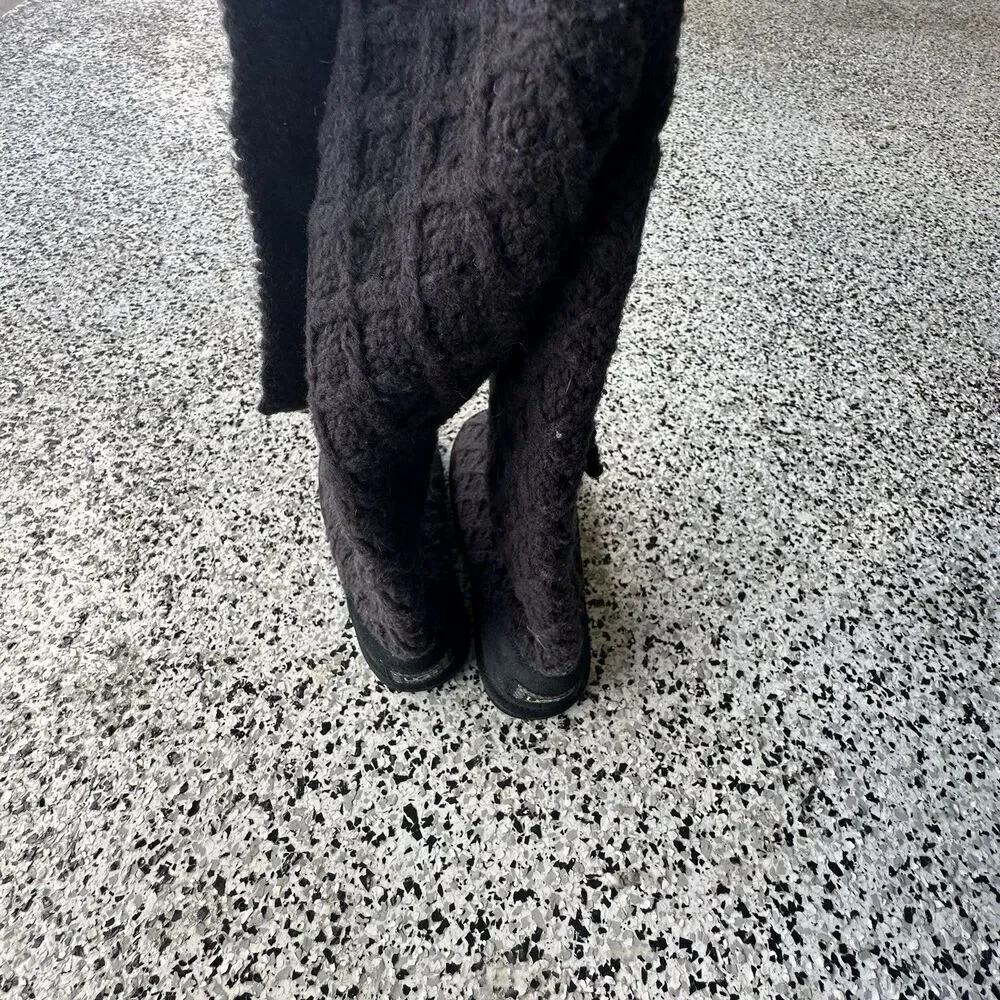 Ugg Boots Lattice Cardy Knit Womens 6 Black Slip On Fold Over Button 3066 Fur